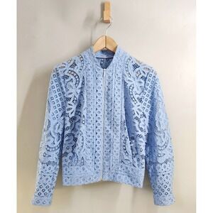 Lover Lace Bomber Jacket Women 4 Blue Zip Front Floral Guipure Coquette Tradwife